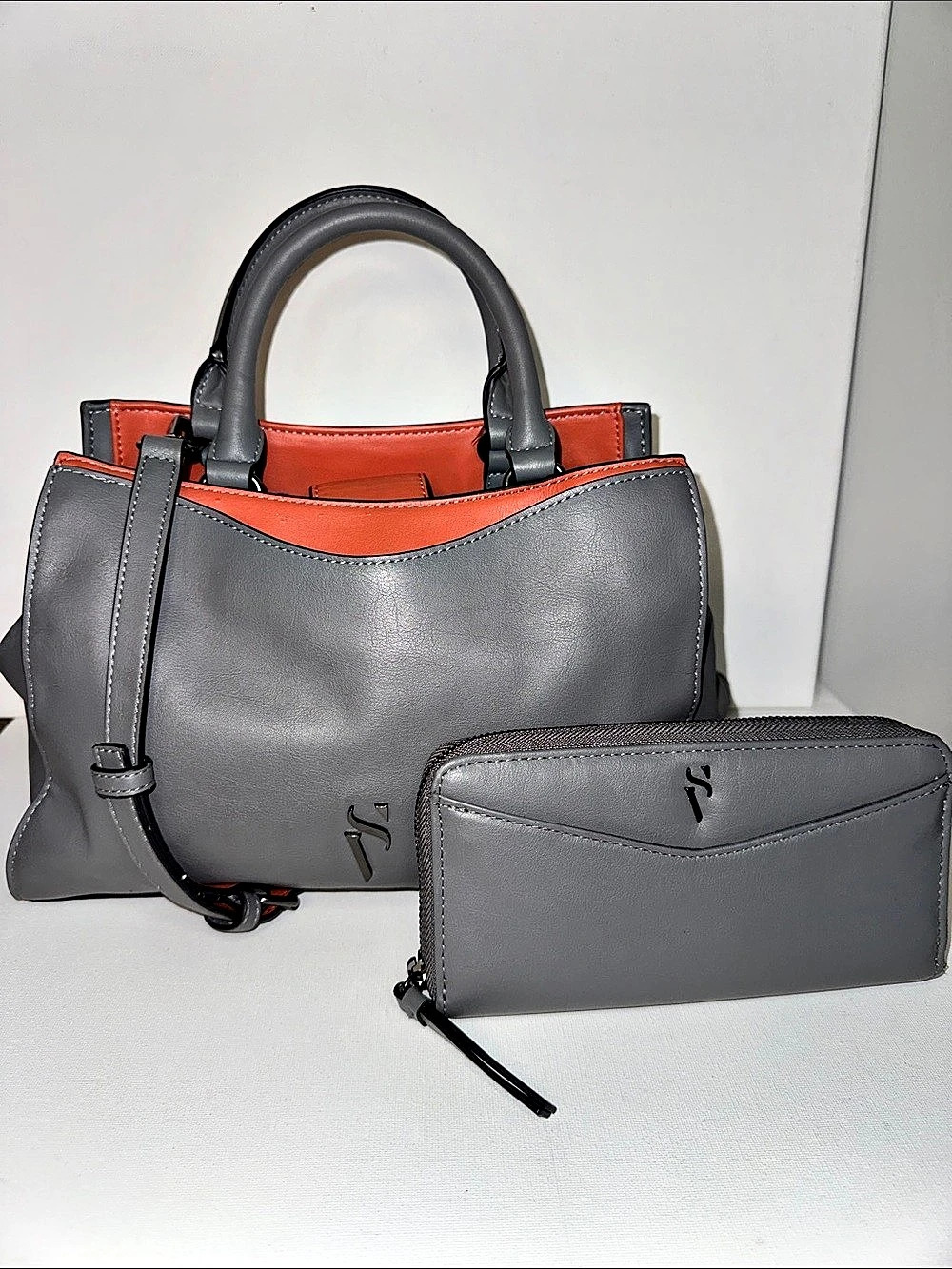Simply Vera Wang Gray & Orange Satchel Tote Crossbody + Matching Wallet
